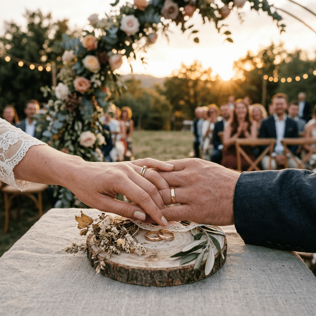Couple holding hands with wedding rings on a wooden slab during outdoor ceremony