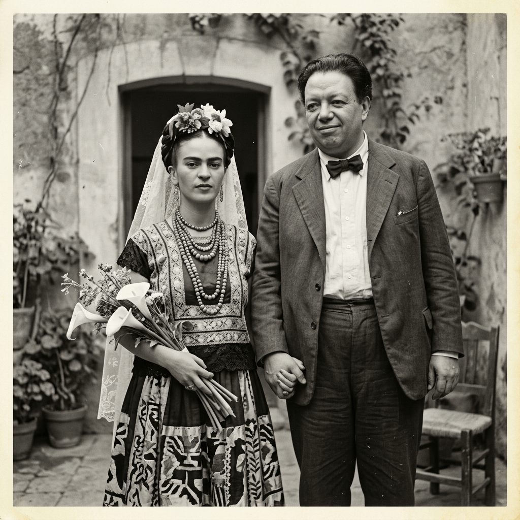 Frida Kahlo in traditional Mexican dress holding calla lilies standing beside Diego Rivera in a suit holding hands