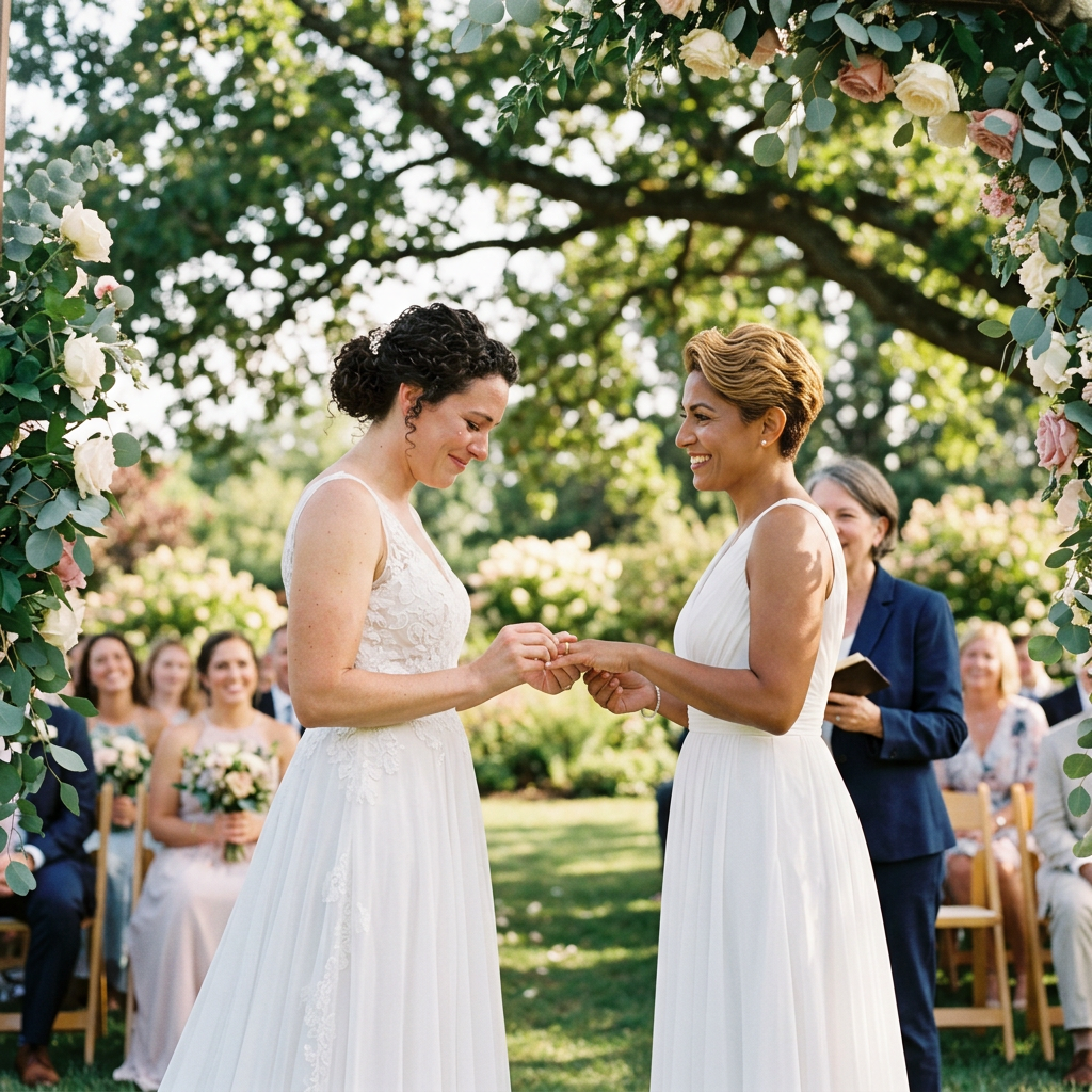 Two brides exchanging rings at outdoor wedding