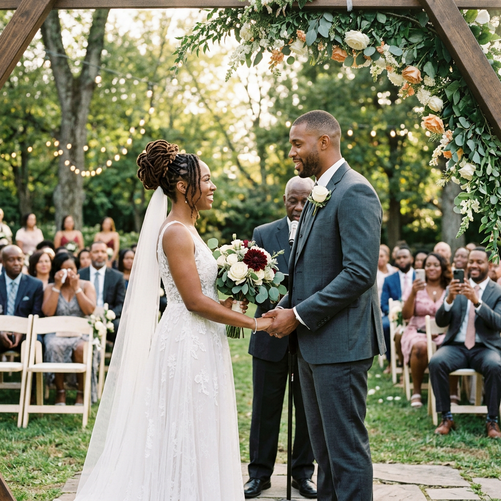 Bride and groom holding hands at outdoor wedding ceremony under floral arch