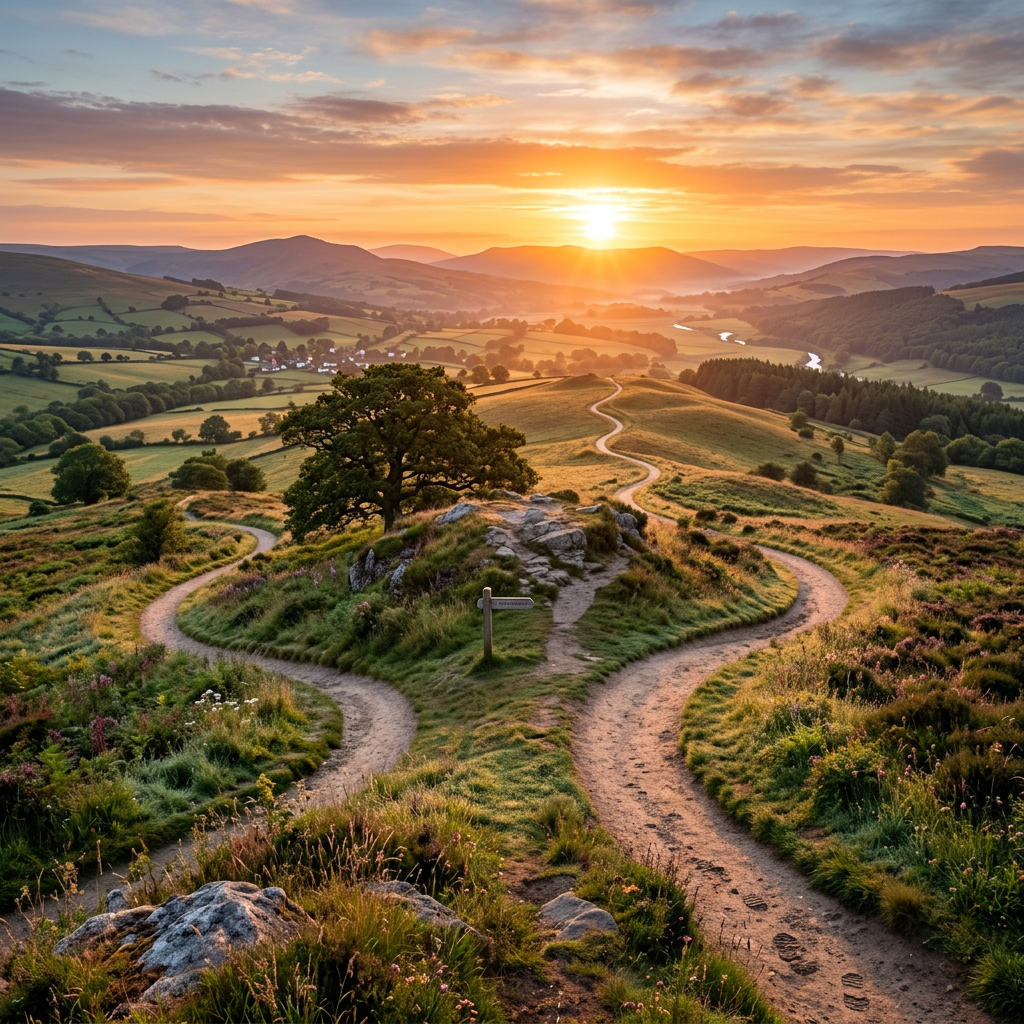 Winding dirt paths diverging around a tree in rolling green hills at sunset