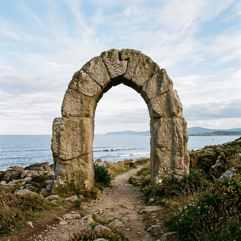 Ancient stone arch on rocky coastal path with ocean view