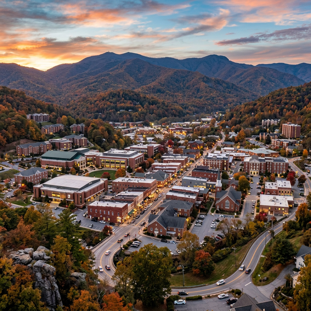 A mountain town with buildings and roads surrounded by autumn trees at sunset