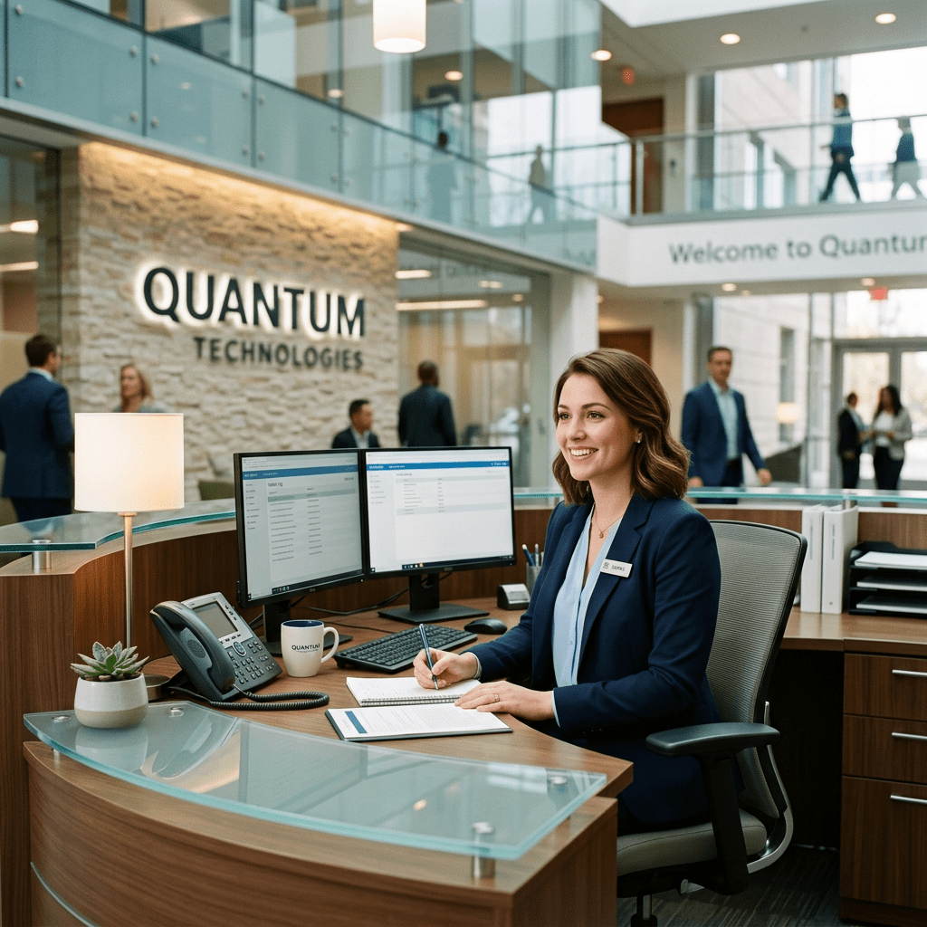 Receptionist at Quantum Technologies desk with dual monitors and office background