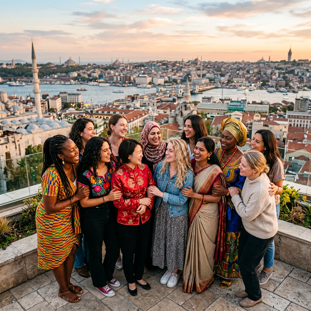Group of diverse women in colorful clothing smiling and embracing on a rooftop