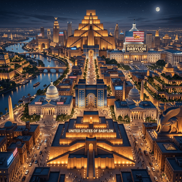 Futuristic city labeled United States of Babylon with Babylonian monuments and American landmarks
