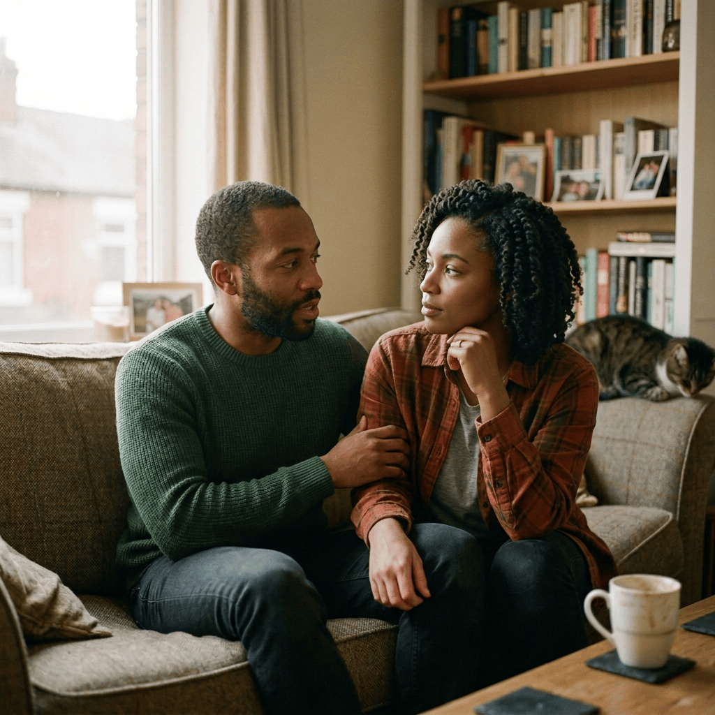 Couple talking on a sofa beside a bookshelf and resting cat